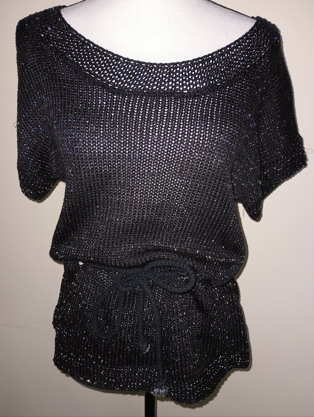 La Cite Sparkle Short Sleeve Knit Top with Waist Tie - Black